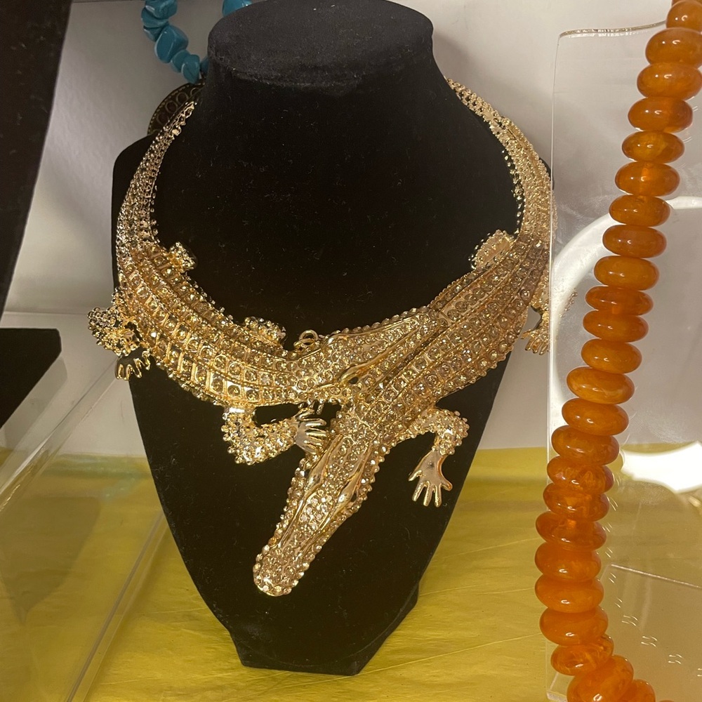 Gold Statement Necklace with Crocodile Design and Rhinestones